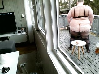 Male: Fat Pig Plays Outdoors On His Balcony Wearing Wife's Clothes