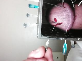 Guy Stabs His Cock With Tons Of Needles In The Magic Sword Box